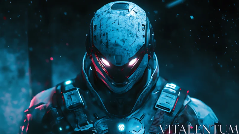 Armored cybernetic soldier glares through glowing visor ice