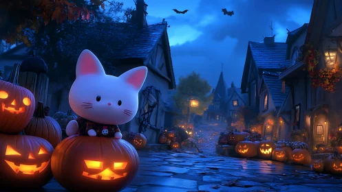 Cute Cat Welcomes Halloween in a Cozy Village.
