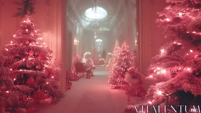 Magical pink Christmas hallway glowing with cozy snowlit trees.