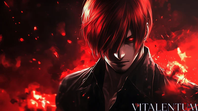 Anime villain portrait in red inferno with dynamic lighting.