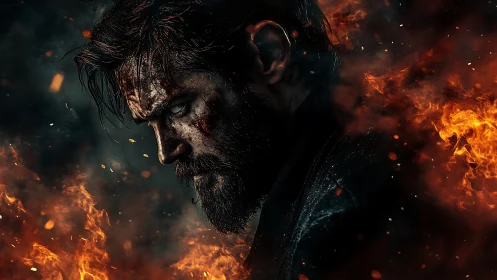 Battle-hardened man in flames with intense, focused stare.