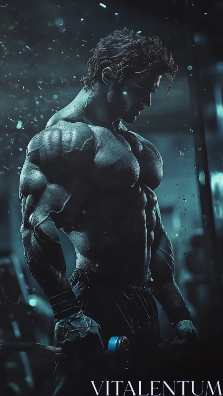 Muscular male silhouette holding dumbbell in moody blue gym.