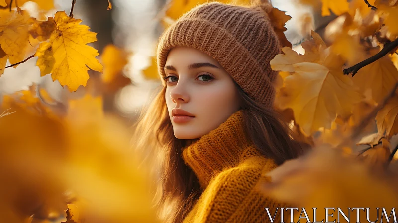 Soft autumn portrait captures serene beauty among golden leaves