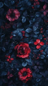Red and Pink Flowers Blooming Among Dark Blue Foliage