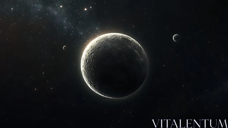 Cratered planetary body with two distant moons in space.