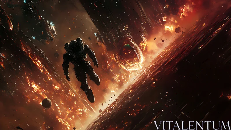 Lone astronaut dives toward a blazing cosmic vortex of fire.