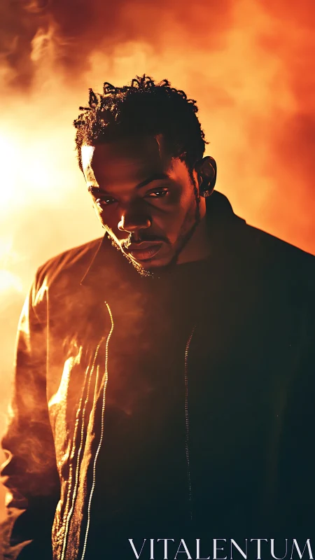 Photorealistic low-key portrait with cinematic backlit flare.