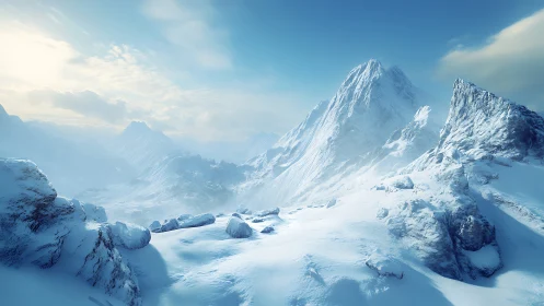 Silent winter peaks glow softly under a calm blue sky