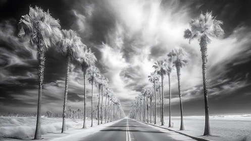Infrared palm avenue stretches toward vanishing horizon