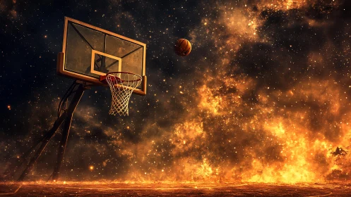 Celestial basketball rim amid nebular plasma field at dusk.