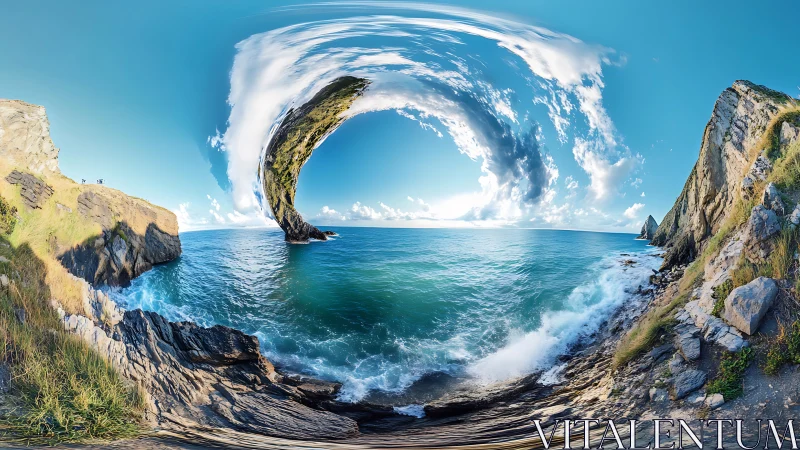 Coastal seascape with warped circular sky and rock arch.