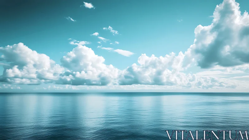 Expansive calm ocean horizon under large cumulus clouds.