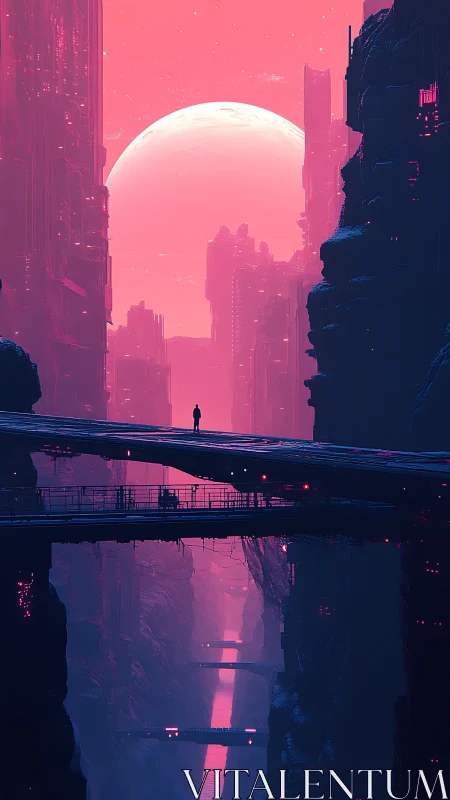 Solitary figure surveys neon megastructure under colossal moon