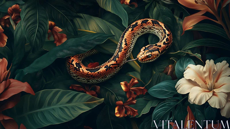 Copper blossom serpent curled in jewel-toned jungle hush.