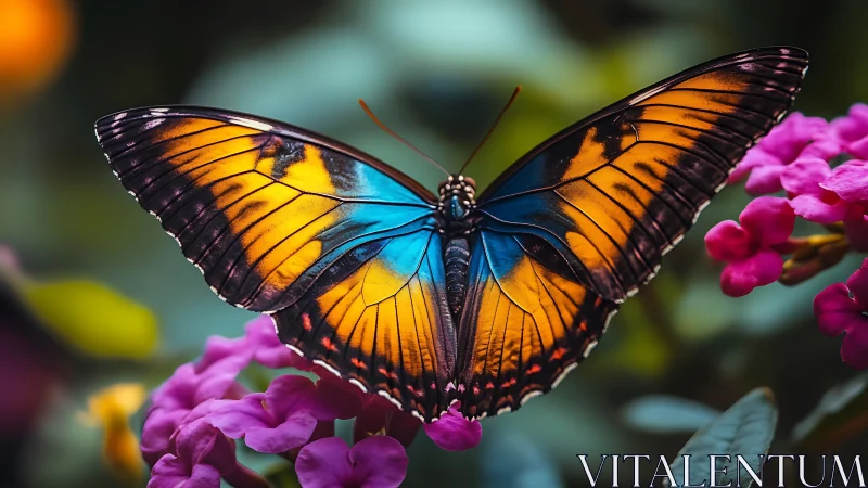 Vibrant blue and orange butterfly on bright pink flowers.
