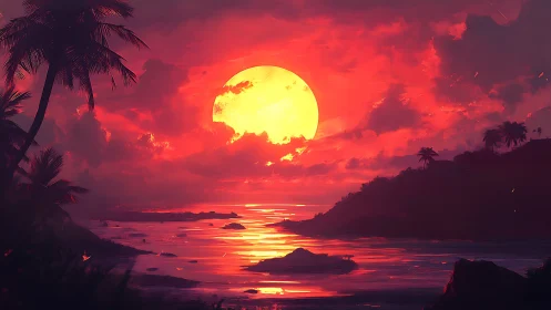 Molten sunset sphere devours the horizon above quiet tropics