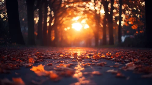 Glowing autumn avenue with fallen leaves at sunset light.