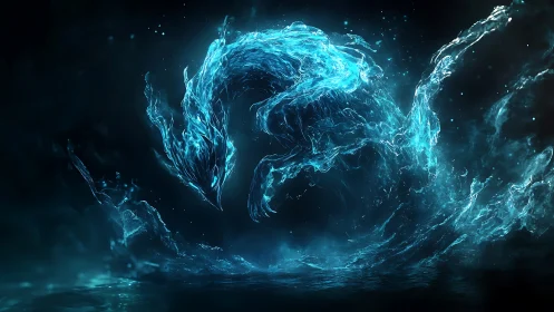 Tidal dragon coils from midnight surf and ignites liquid starlight