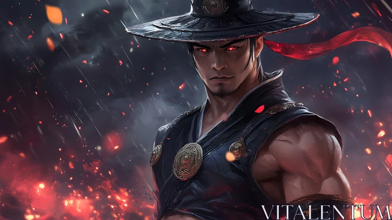 Stormlit warrior with glowing eyes in emberswept rainstorm.