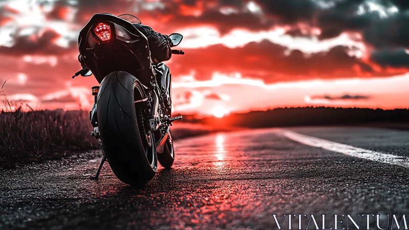 Sportbike waits on open road under blazing red sunset sky