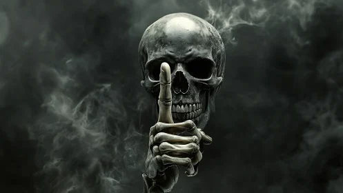 Silent skull oracle raises a bone-white finger to hush night.