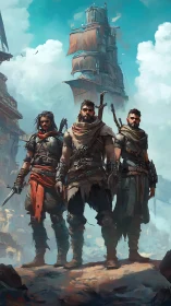 Stormborn desert corsairs guarding a sky-sailed warship.