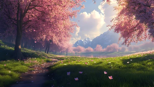 Soft spring light drifts through cherry blossoms and mountains