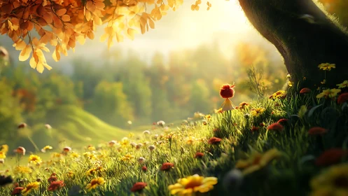 Whimsical red figure under glowing autumn meadow tree.