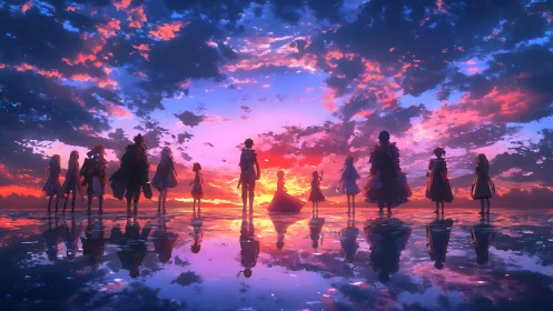 Silhouetted companions gather beneath a blazing fantasy sunset