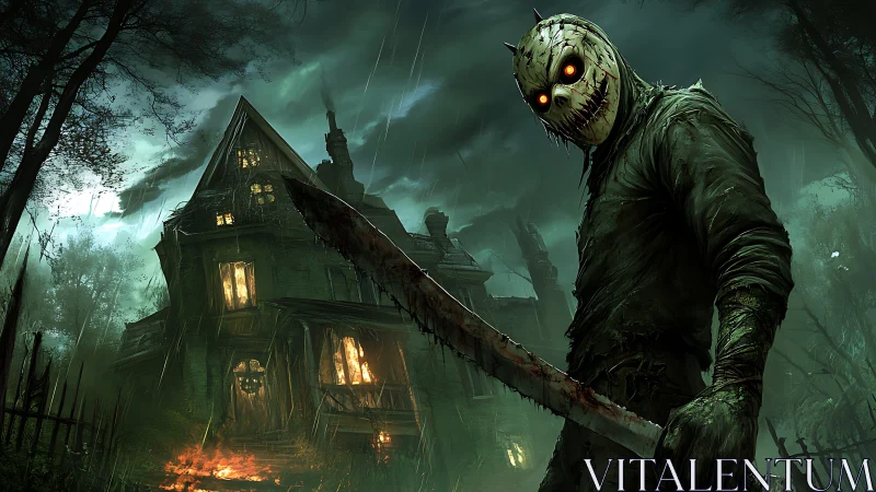 Masked killer stalks rain-soaked haunted house at night.