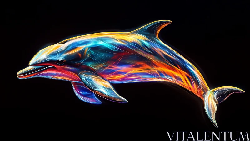 Neon lightwave dolphin rendered on black void background.