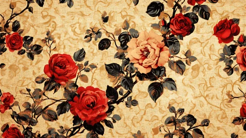 Vintage red roses bloom across ornate golden wallpaper
