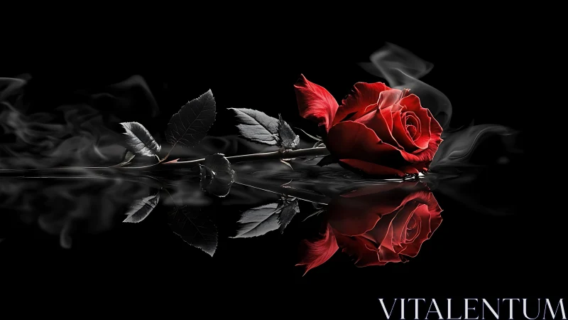 Red Rose on Black Mirror Surface.