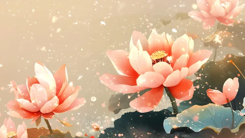 Softly glowing digital lotus blossoms with sparkling bokeh light