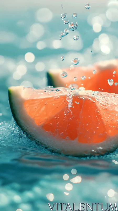 Juicy grapefruit slice splashing in cool sparkling water.