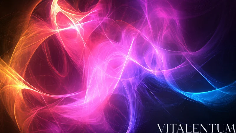 Neon light trails weave across dark abstract digital background