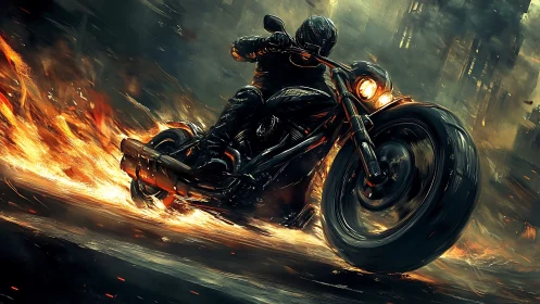Digital painting of flaming cyber biker in dynamic low angle.