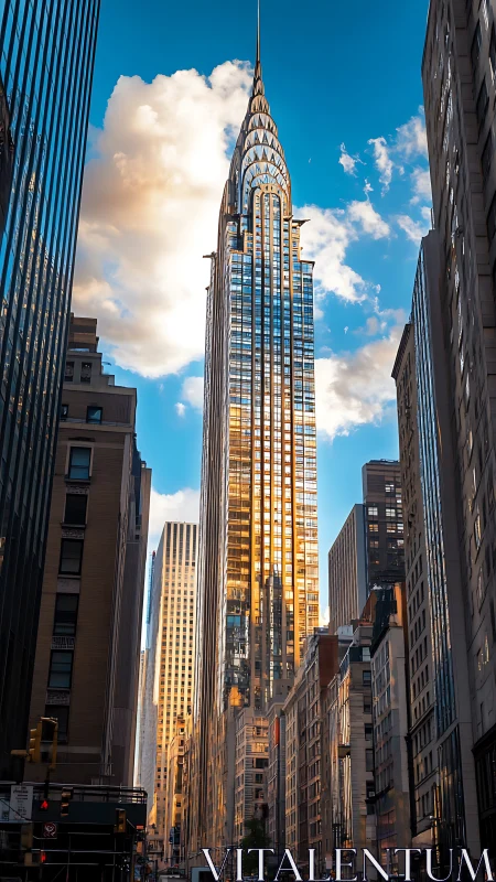 Golden sunset illuminates an iconic skyscraper over city street