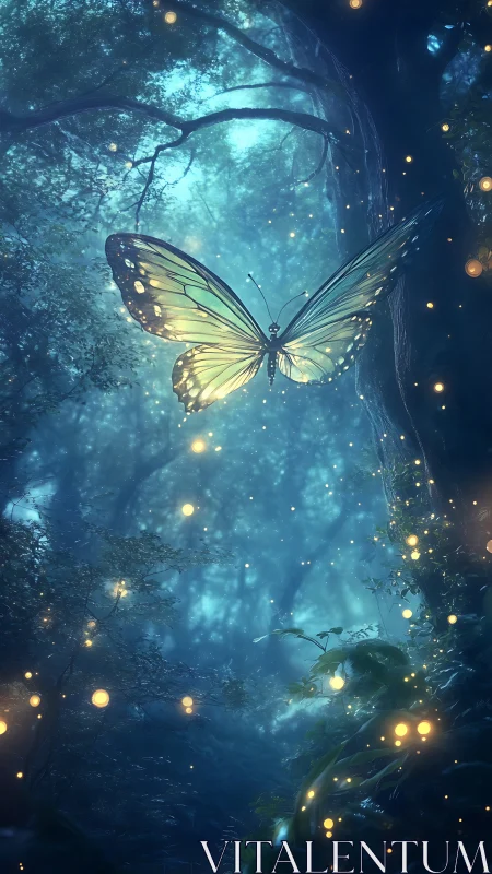 Bioluminescent butterfly hovers in volumetric blue forest light