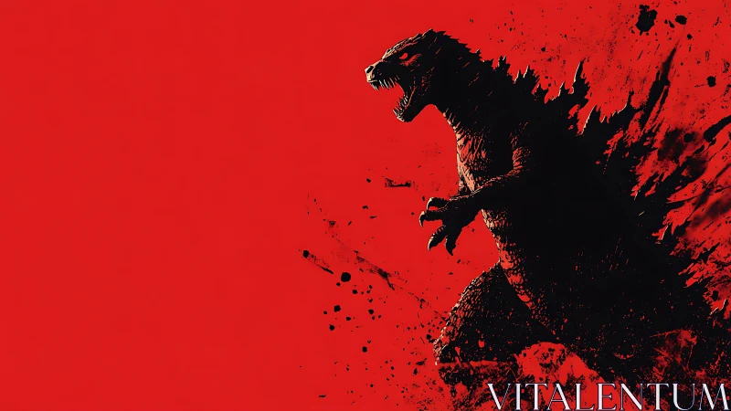 Monochrome kaiju silhouette erupts from splattered red field