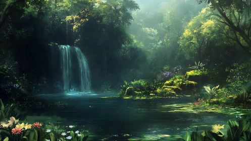 Lush rainforest waterfall over tranquil reflective lagoon.