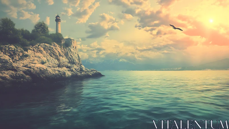 Golden hour lighthouse watches over calm turquoise sea