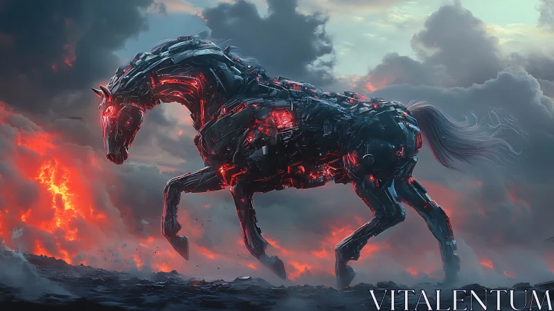 Mechanical equine structure moves through volcanic terrain