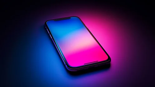 Modern smartphone displays vibrant neon gradient on dark studio background.