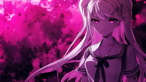 Pink eyed anime schoolgirl in intense smoke backdrop.