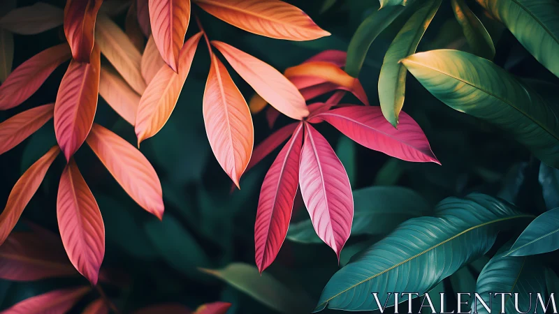 Soft tropical leaves glow in gentle sunset garden light