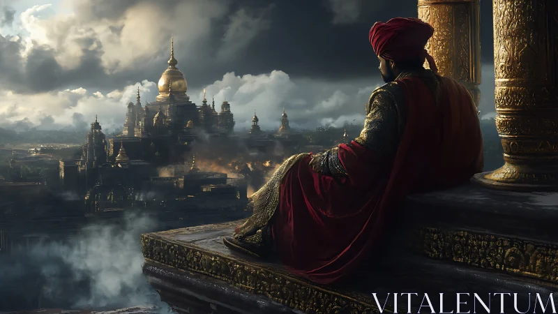 Golden city glows beneath stormy skies as a lone ruler watches