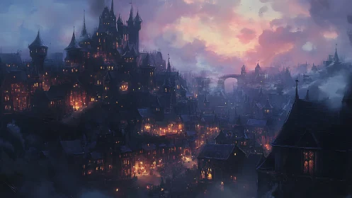 Cozy lantern lights glow across a misty twilight cityscape.