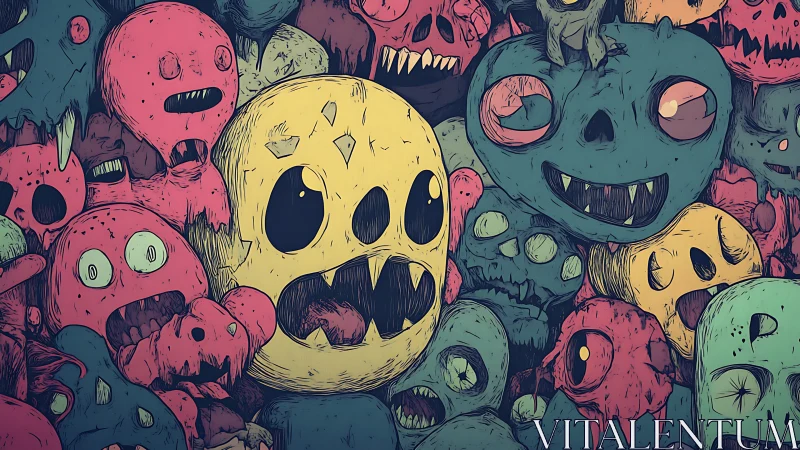 Clustered cartoon skull creatures in dense abstract crowd.