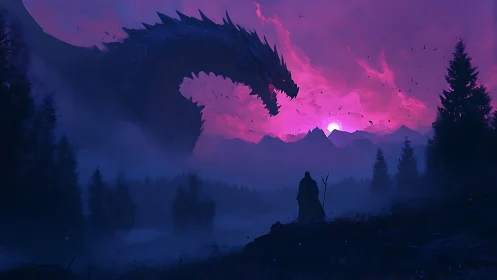 Twilight titan and lone wanderer beneath magenta stormsky.